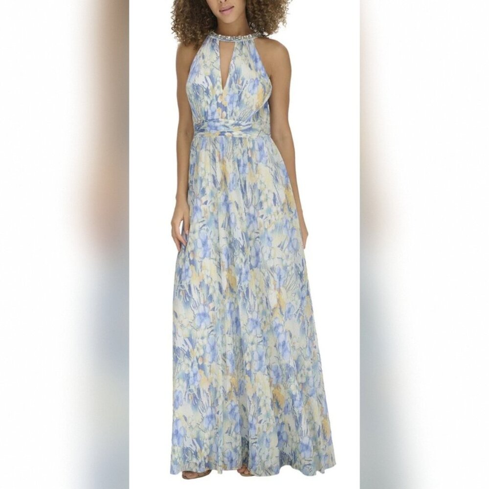 Blue Abstract Halter Maxi Dress with Embellished Neckline